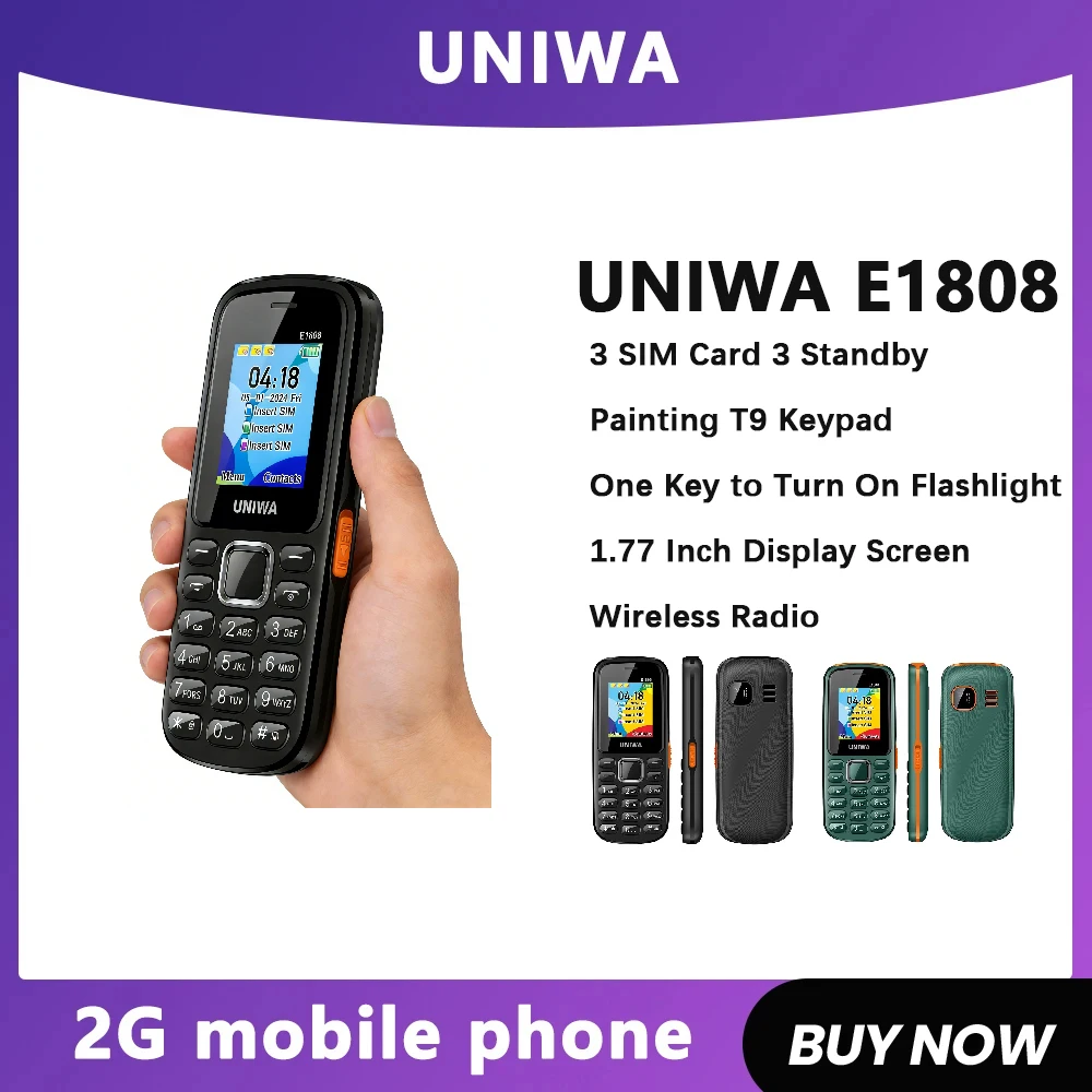 UNIWAE1808 Feature Phone 3 SIM Card 3 Standby Wireless radio Flashlight High volume for Elder 2G Keypad Mobile Phone