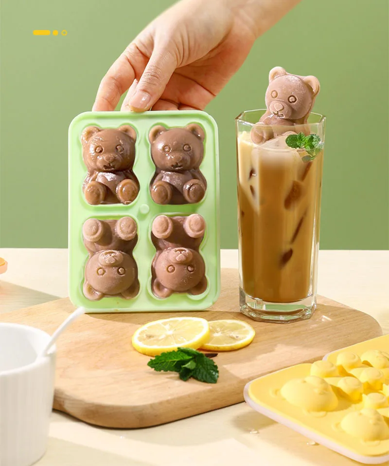 4 Grid 3D Little Teddy Bear Shape Ice Cube Silicone Mold Silian Little Bear Ice Block Mold Household Ice Cream Ice Box Ice Mold