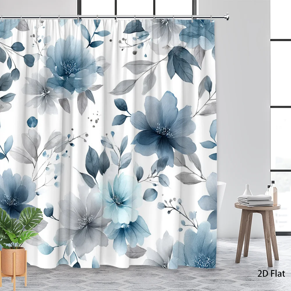 

Синяя занавеска для душа с акварельным цветочным узором, полиэфирная ткань, можно стирать в машине, с крючками, украшение для ванной комнаты.