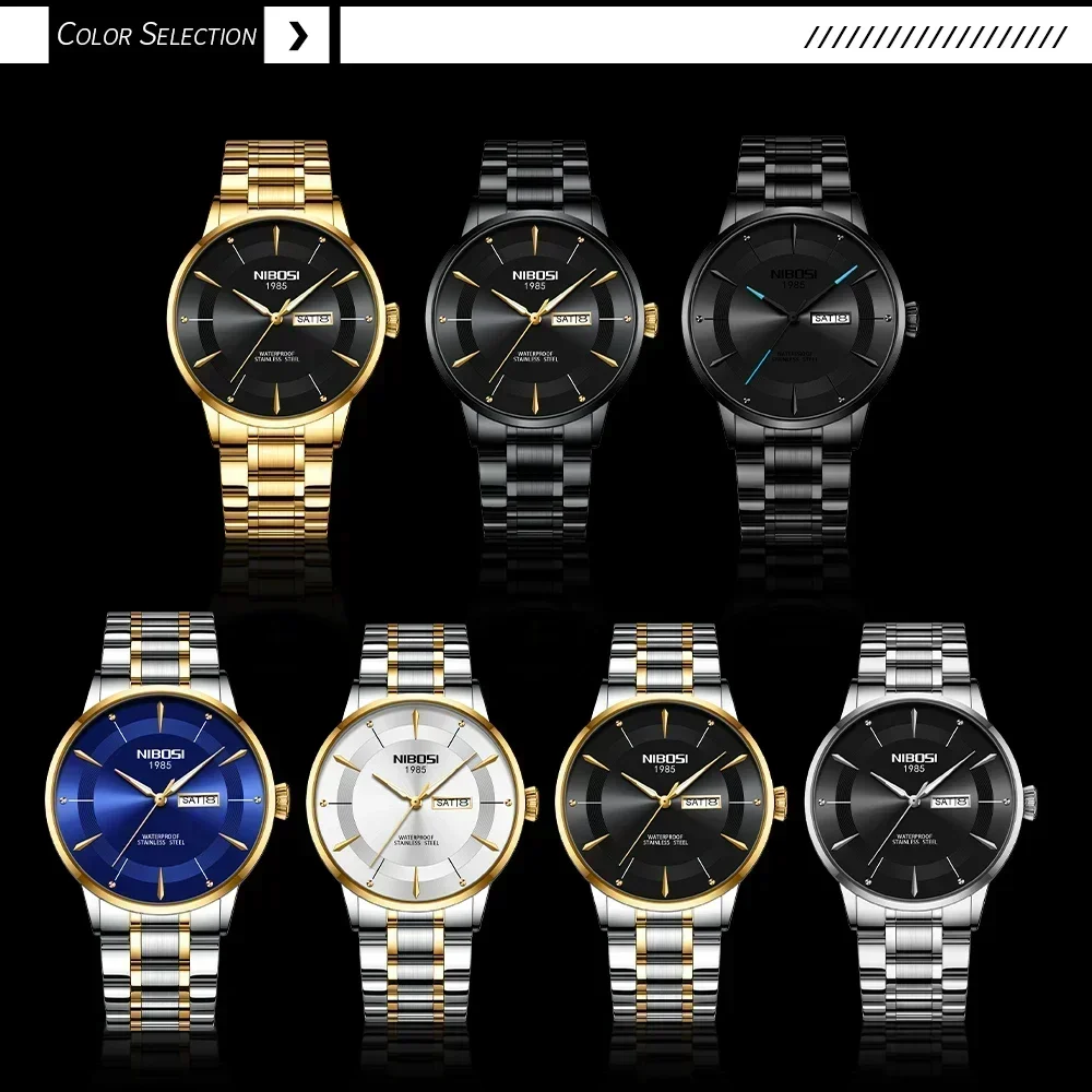 NIBOSI 2024 New Luxury Watch Business Waterproof Male Clock Luminous Week Date Stainless Steel Quartz Men Watches Reloj Hombre