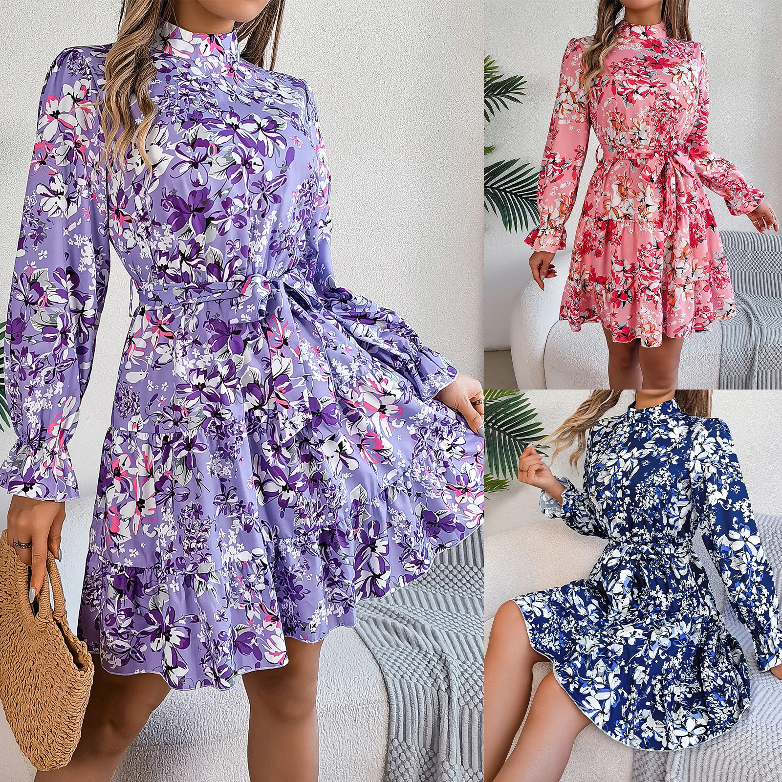 

Autumn Women Elegant Stand Up Collar Floral Print Long Sleeved Ruffle Patchwork A-line Dress 2024 Ladies Slim Lace-Up Mini Dress