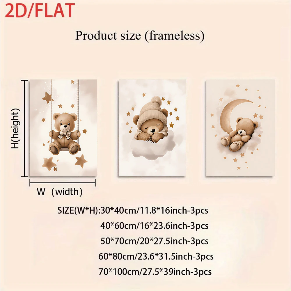 1 set of cartoon teddy bear frameless triptych decorative paintings, cute and warm decorative paintings, 2D plan