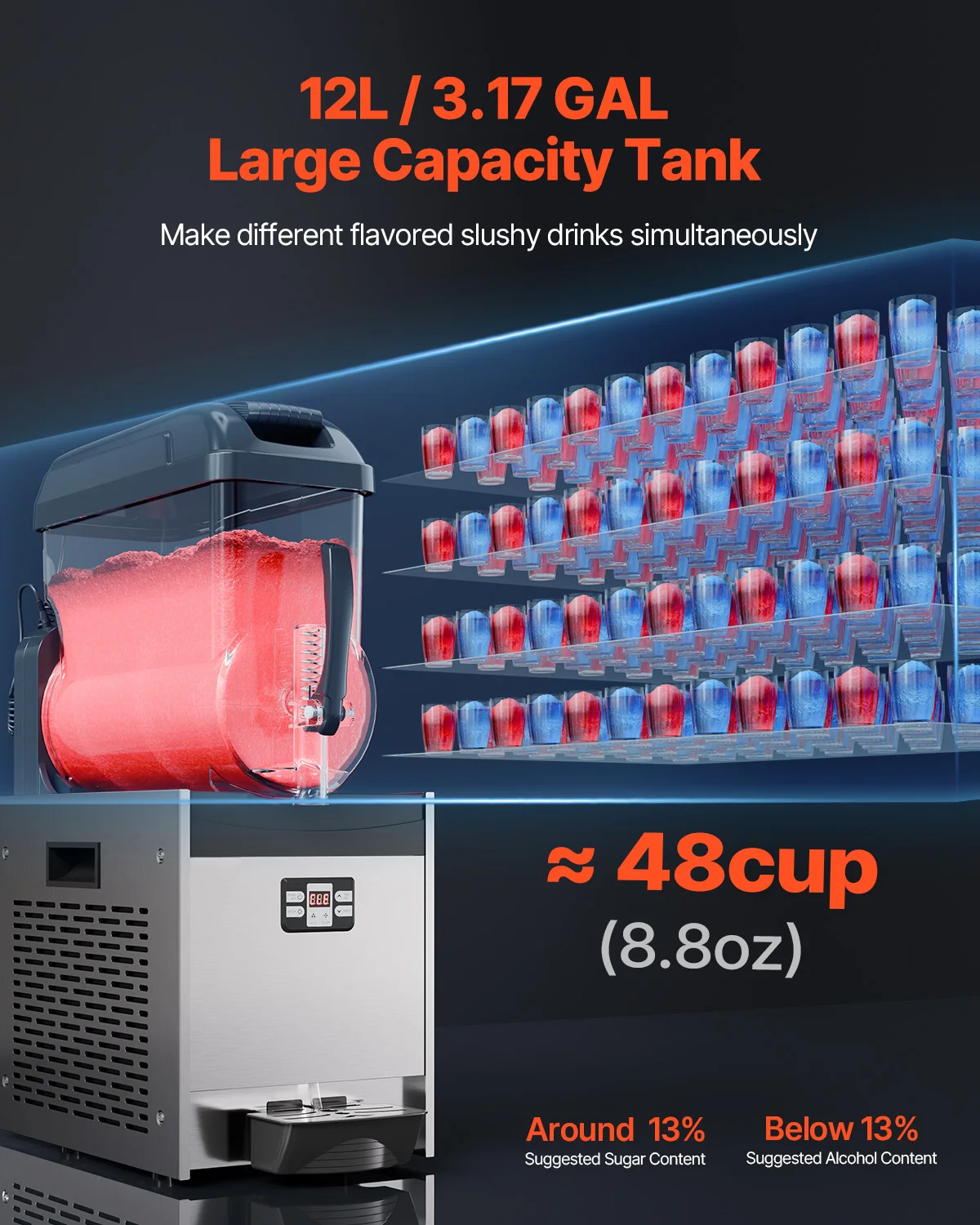 SucceBuy Kommerzielle Slushy-Maschine, 12 l, Einzeltank, gefrorene Getränkemaschine, 48 Tassen, Edelstahl, Margarita Smoothie Slushie-Maker