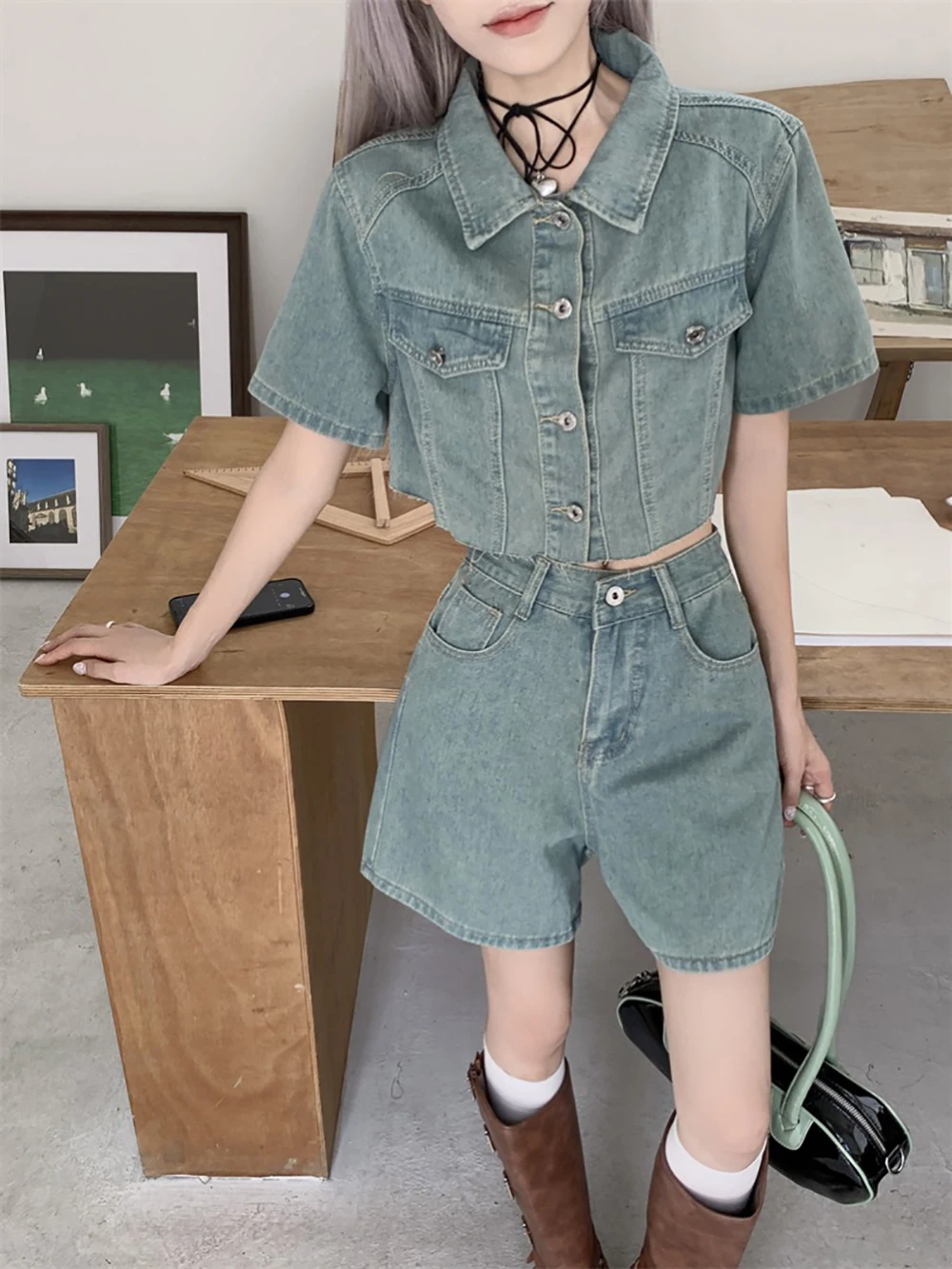 

Women's Denim Shorts Set Korean Fashion Lapel Short Sleeve Denim Jacket 2024 Summer High Waisted Loose Shorts Two Piece Set