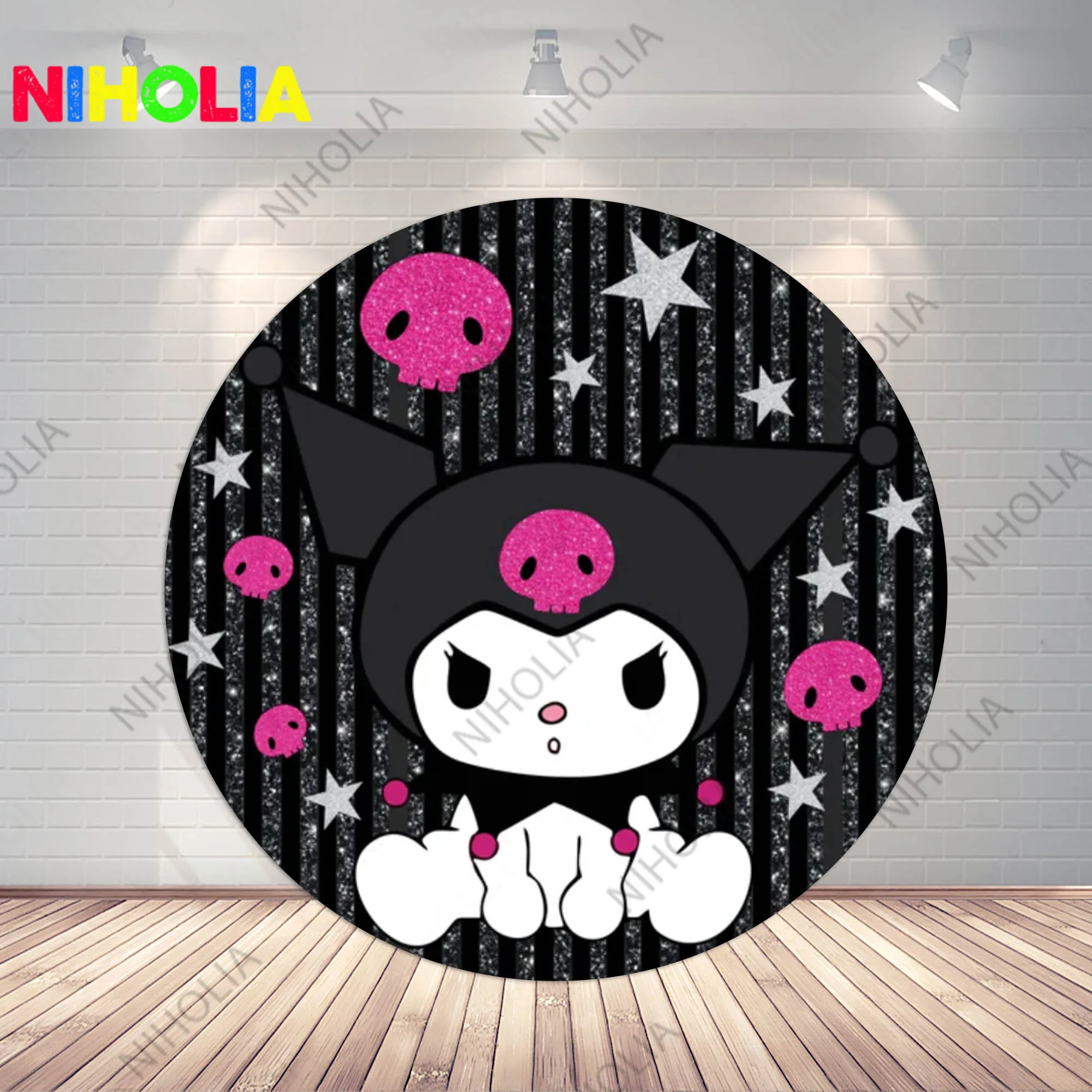 Sanrio Kuromi Round Backdrop Girls Birthday Party Circle and Cylinder Covers Baby Shower Decoration Background For Cake Table