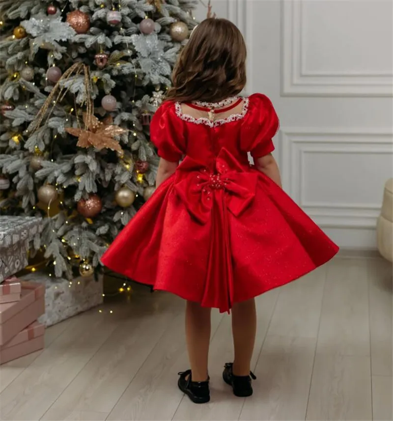 Vestidos de menina de cetim vermelho com arco grande tutu fofo, vestido de baile, comunhão, vestido de aniversário para criança, roupa para bebê 12m, 24m