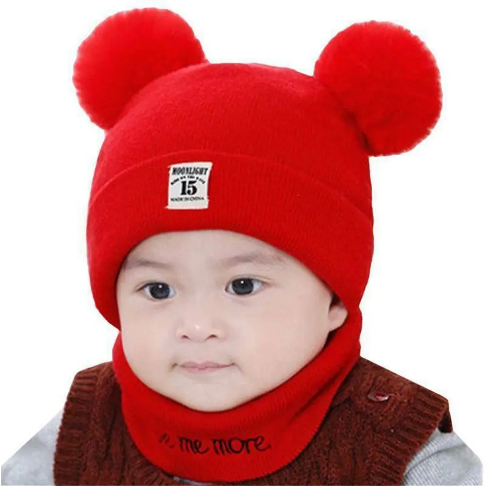 Winter Pom Windproof Baby Beanie Cap Warm Hat Scarf Set Kids Knitted Hat For 0-24 Months