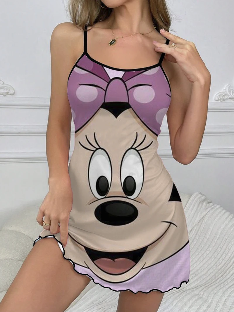 Gaun seksi Trim selada gaun elegan Chic rok piyama rok Disney Minnie Mouse leher kru mode Gaun Musim Panas 2024 gaun Mini wanita