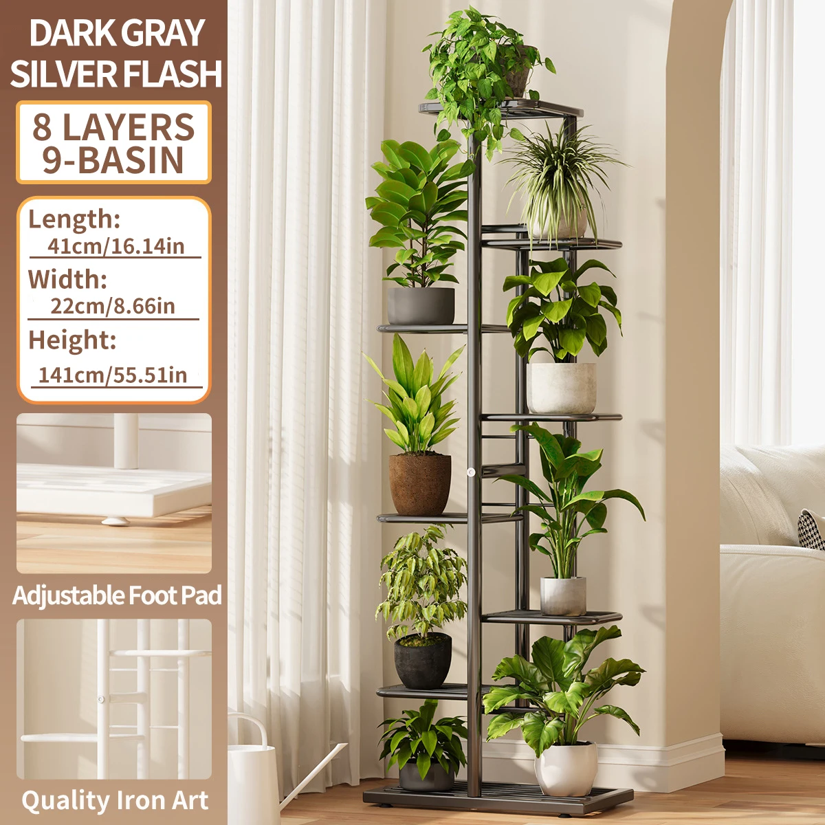 8 Tier Tall Plant Stand with Lockable Wheels, Metal Rolling Plant Shelf, Multi-Layer Plant Organizer for Multiple Plants, Ideal