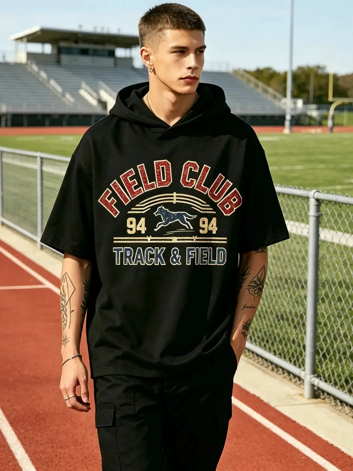Men's Short Sleeve Hoodie, Field Club Track & Field Retro Wolf Graphic Hooded T-Shirt, Casual Loose Fit Summer Streetwear Pullover Tee Top