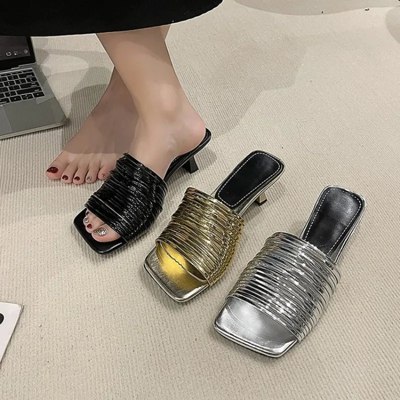 Square Toe Stiletto Sandals for Women Summer Shiny Solid Color High Heels Casual Half Slippers Shoes for Women Designer Sandals image 4