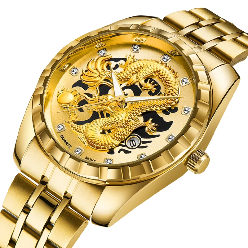 Gold Dragon Long WLISTH Business Men Analog Quartz Watch Fashion Stainless Steel Date Display Luminous Wristwatches Gift Box