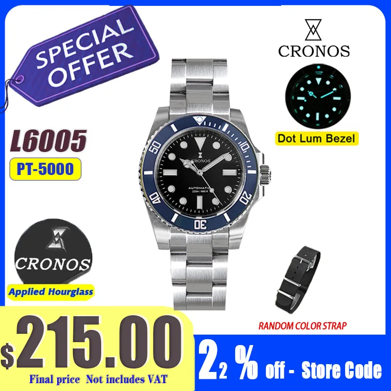 Cronos Sub Diving Men Automatic Mechanical Watch No Date PT5000 Brushed Bracelet Ceramic Bezel 200m Waterproof Adjustclasp L6005