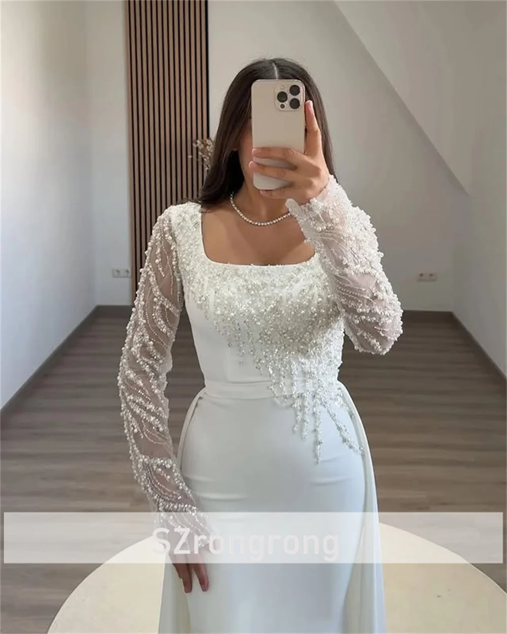 Customized Radiant Square Collar Satin Long Sleeve Party Evening Dresses Beaded Backless Sheath Detachable Train Arab Prom Gown