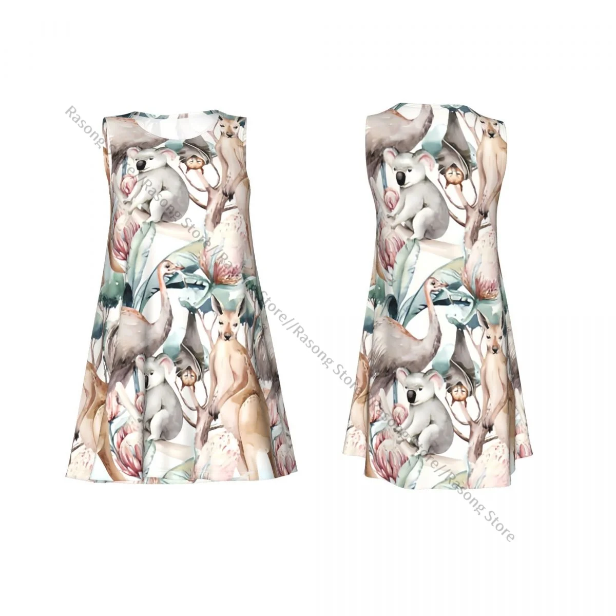 Vestido de chaleco de verano para mujer, vestidos femeninos sin mangas con estampado de Canguro y Koala de dibujos animados australianos de acuarela