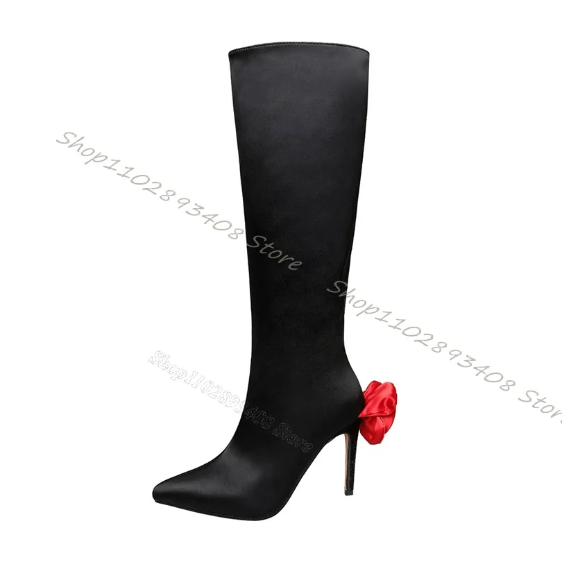 

Black Flower Decor Silk Boots Pointed Toe Side Zipper Thin High Heels Women Boots Elegant Women Spring Shoes Zapatos Para Mujere