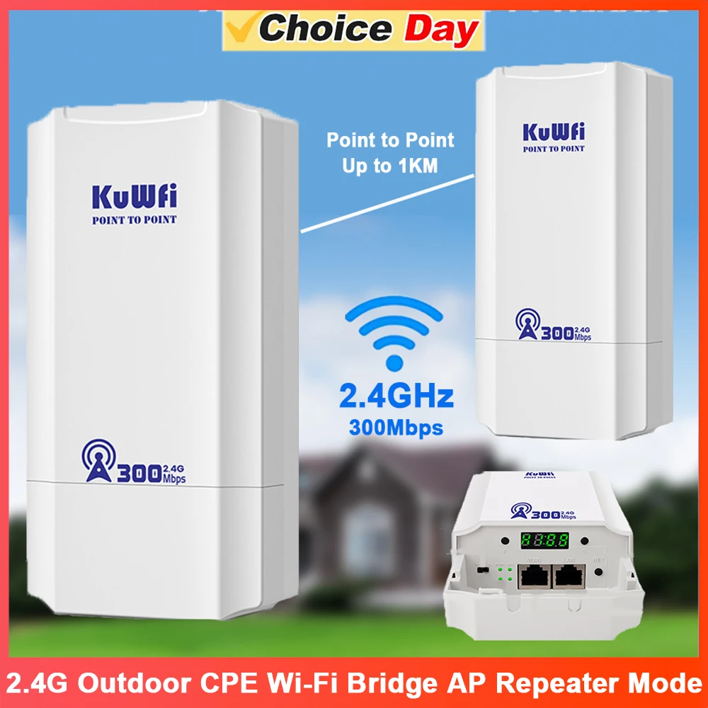 

KuWFi 300 Мбит/с 2,4 ГГц Открытый Wi-Fi Мост Точка доступа Удлинитель сигнала Точка точек до 1 км AP Режим повторителя 24 В POE IP65