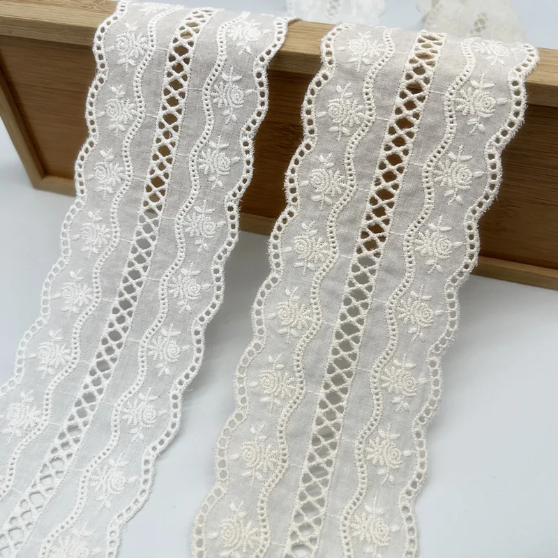 Wholesale 2/3/5yards Pure cotton Beige/Paper White 7.5cm Double Waves Embroidered Lace Accessories Cotton Fabric X937