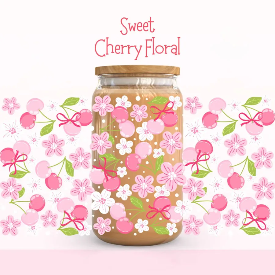 Niedliche rosa süße Kirschblüten-DIY-UV-DTF-Abziehbilder für 16oz Libbey Glas-Eiskaffeebecher, Dosenfolien, Sommerflaschendekoration