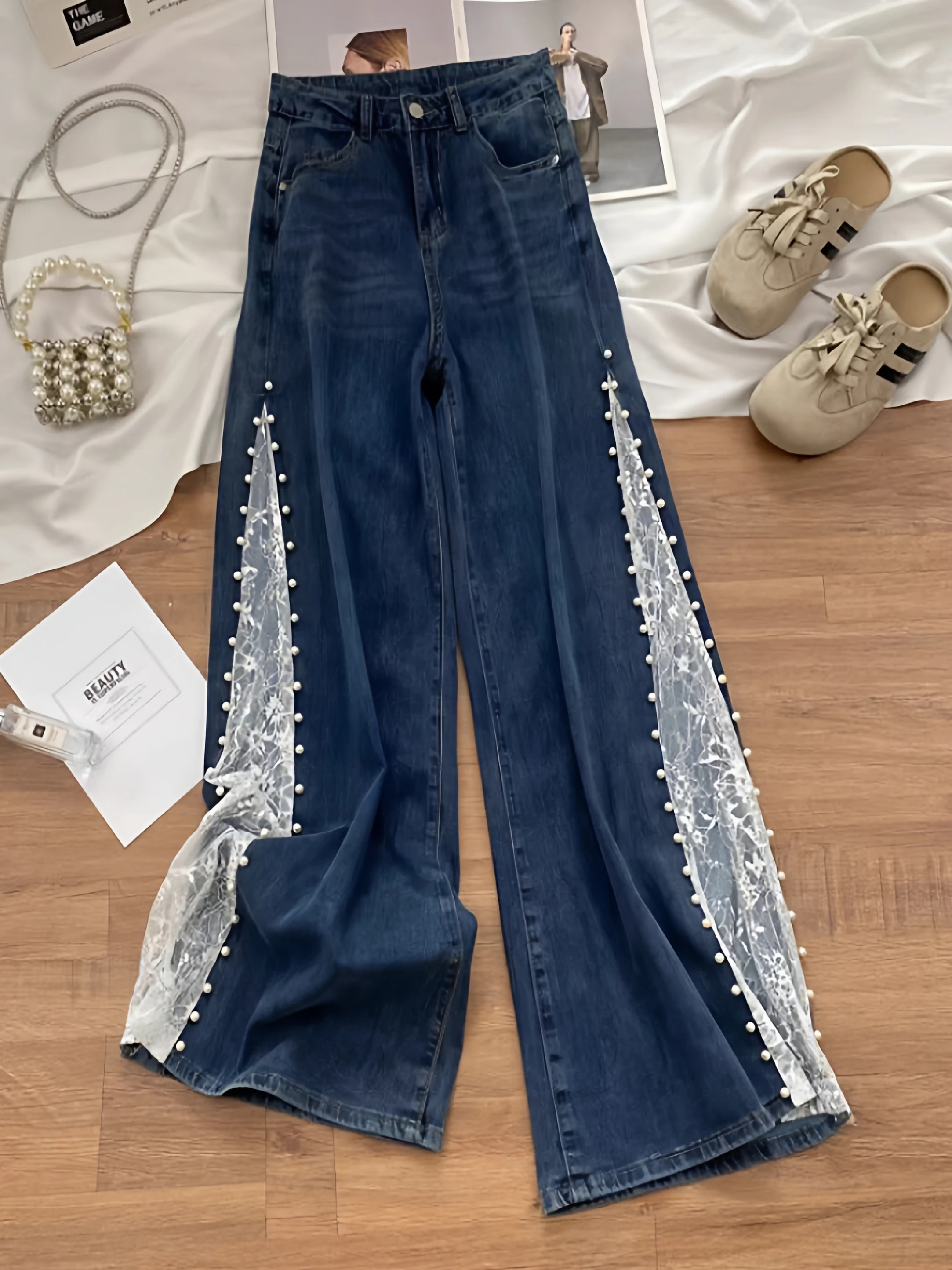 

Женские джинсы больших размеров с жемчужным кружевом и вставками, повседневные, прямого кроя, осенне-зимние, с высокой талией, широкие штанины, приятные к телу, W...