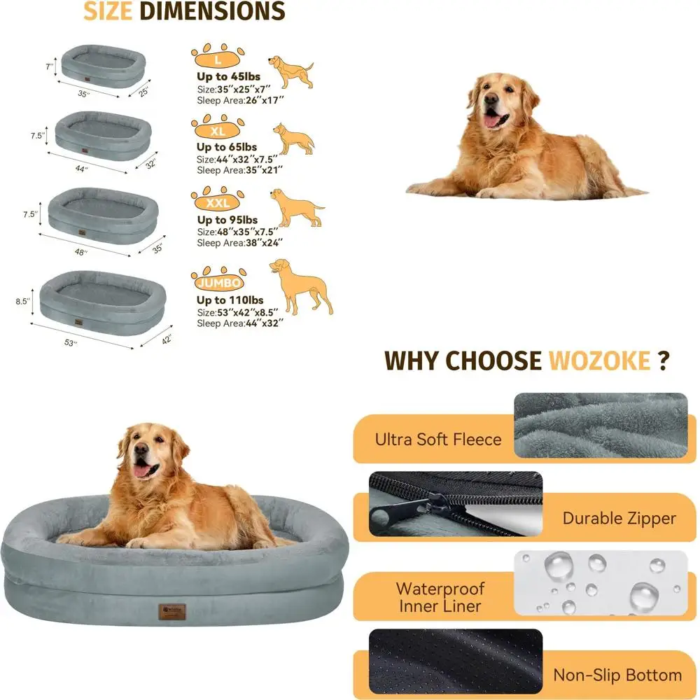 

Orthopedic Memory Foam Dog Bed with Removable Washable Cover and Bolsters - XL for Large Pets, Non-Slip Base, Grey