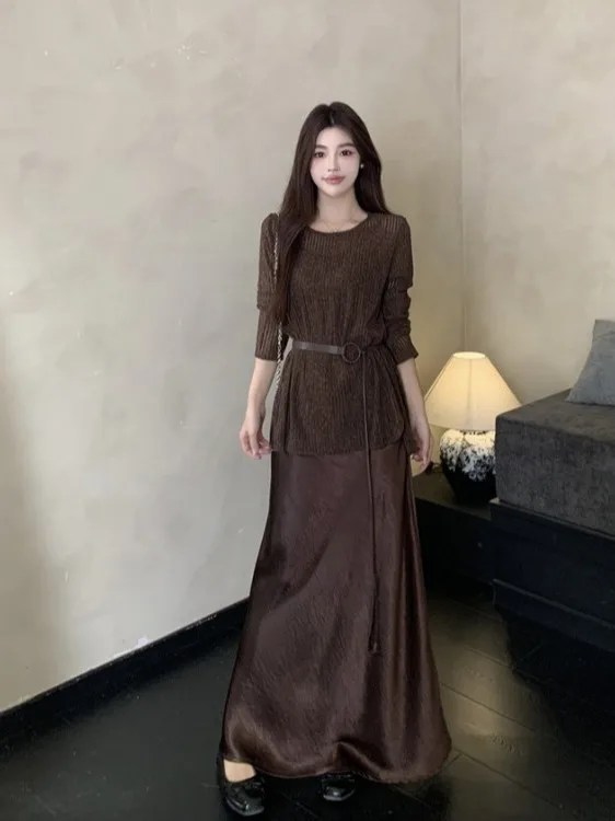 

plus Size Women's Lazy Sle Knitted Dr Set High Waist Slimming Top Long Sve Mid-Length Korean Faion Autumn New Arrival