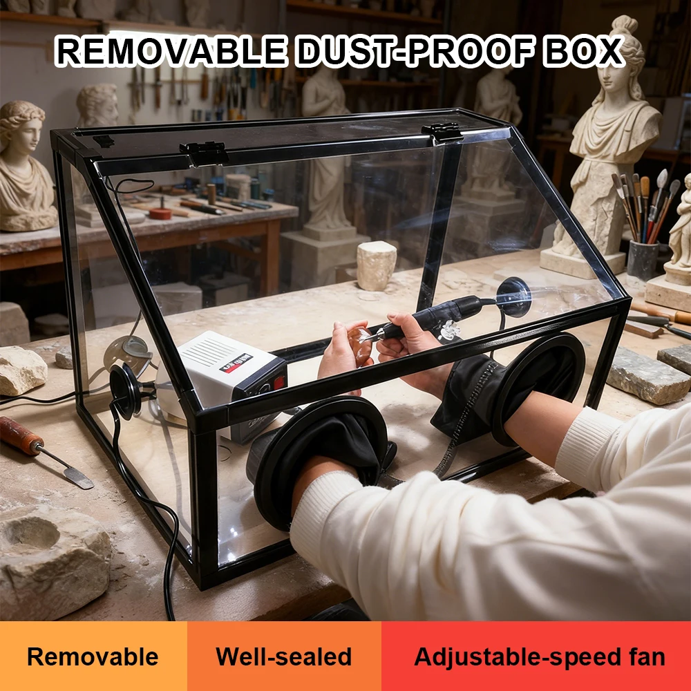 Adjustable Speed Fan Polishing Dust-Proof Box Well-Sealed Acrylic Grinding Enclosure with Glove Holes for Jewelry Hobby Craft
