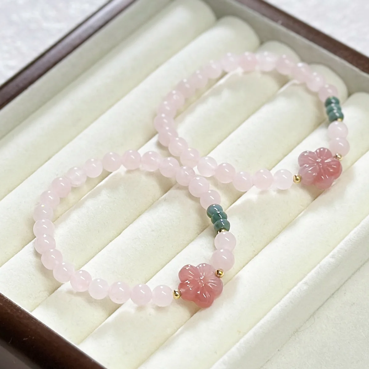 6mm Natural Pink Crystal Jade Beaded Strand Bracelet for Women Female Flower Charm Bangles Fine Jewelry Accessories Gift YBR1246