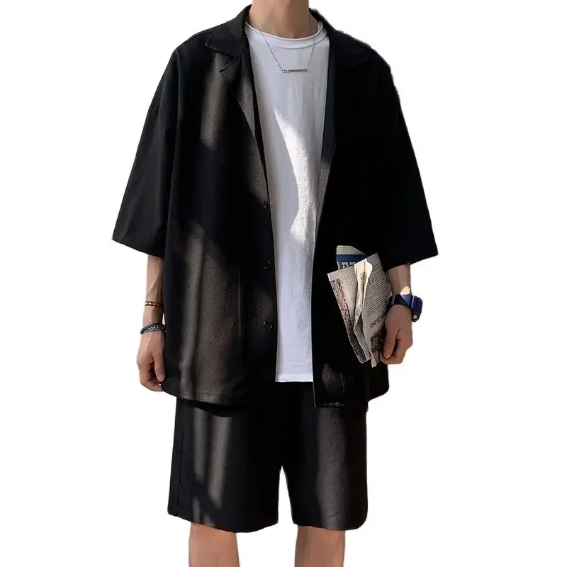 

2024 Korean Style Men Set Suit Jacket And Shorts Solid Thin Short Sleeve Top Matching Bottoms Summer Fashion Clothing Summer