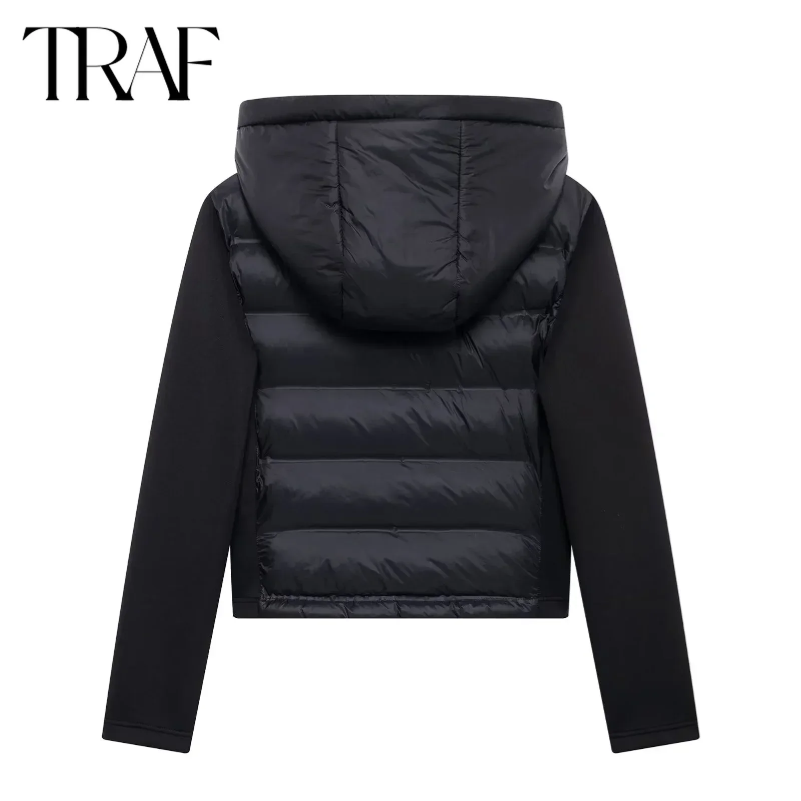 TRAF Cotton Jacket for Women Fashion 2024 Winter New Solid Black Long Sleeve Zip Hooded Short Coats Chic Ladies Tops Mujer