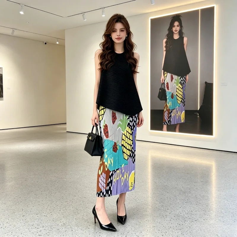 Miyake Pleated Mid-Length Skirt 2026 New Elastic Versatile Fun Comfortable Pleated Graffiti Print Casual Fashion Skirt Pleat