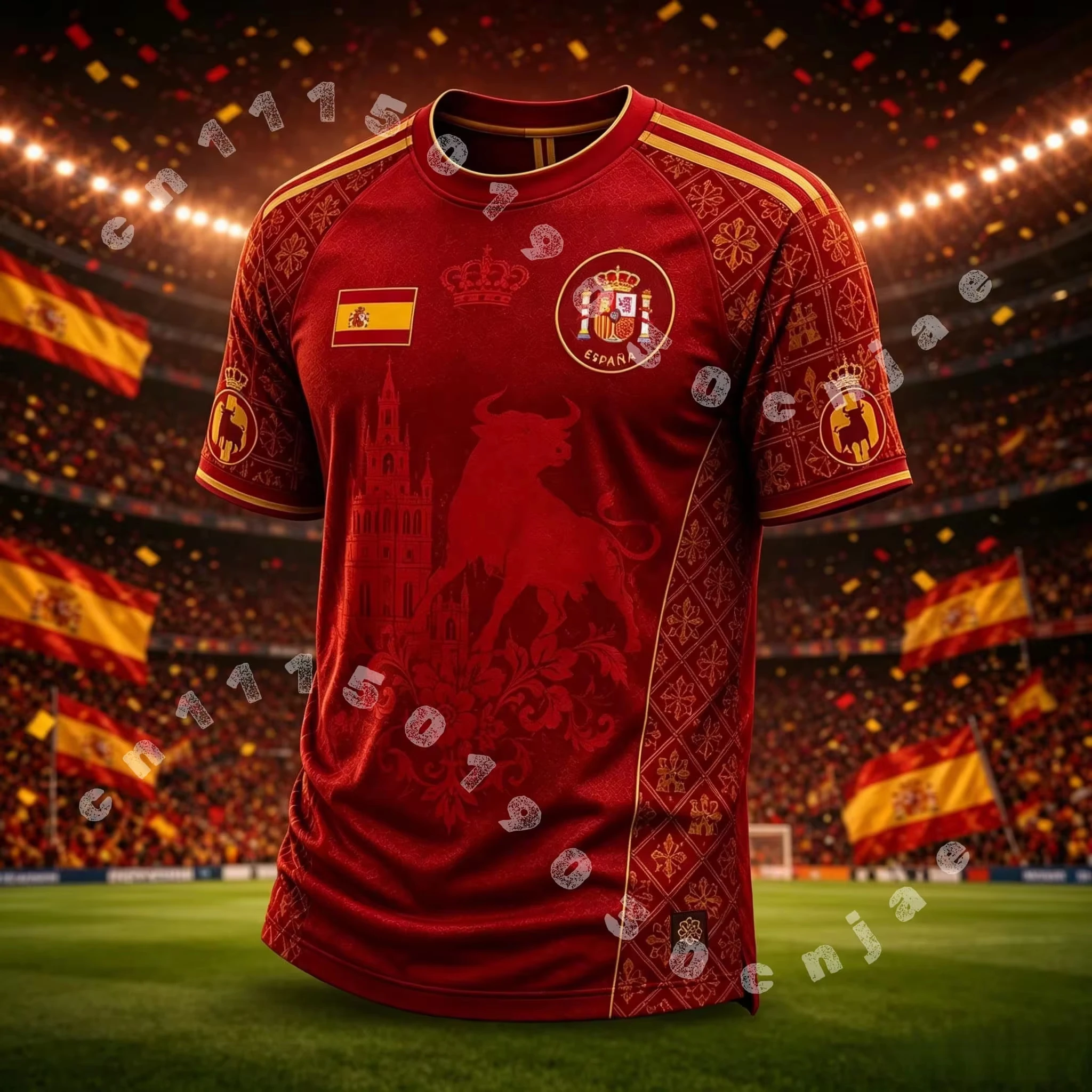 Men's Quick Dry Football Jersey, Red Spain Golden Bull Cathedral Embossed Print Soccer Fan Short Sleeve Training Sports T-shirt