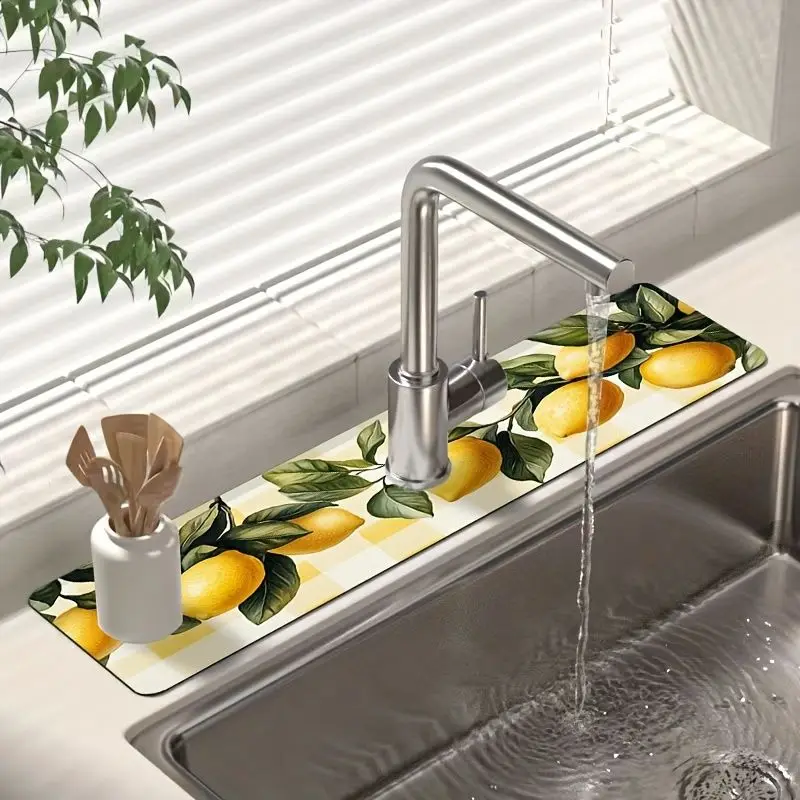 VIKAMA Summer Lemon Leaf Faucet Drying Mat Waterproof Quick Dry Non Slip Sink Tap Pad Kitchen Counter Protector