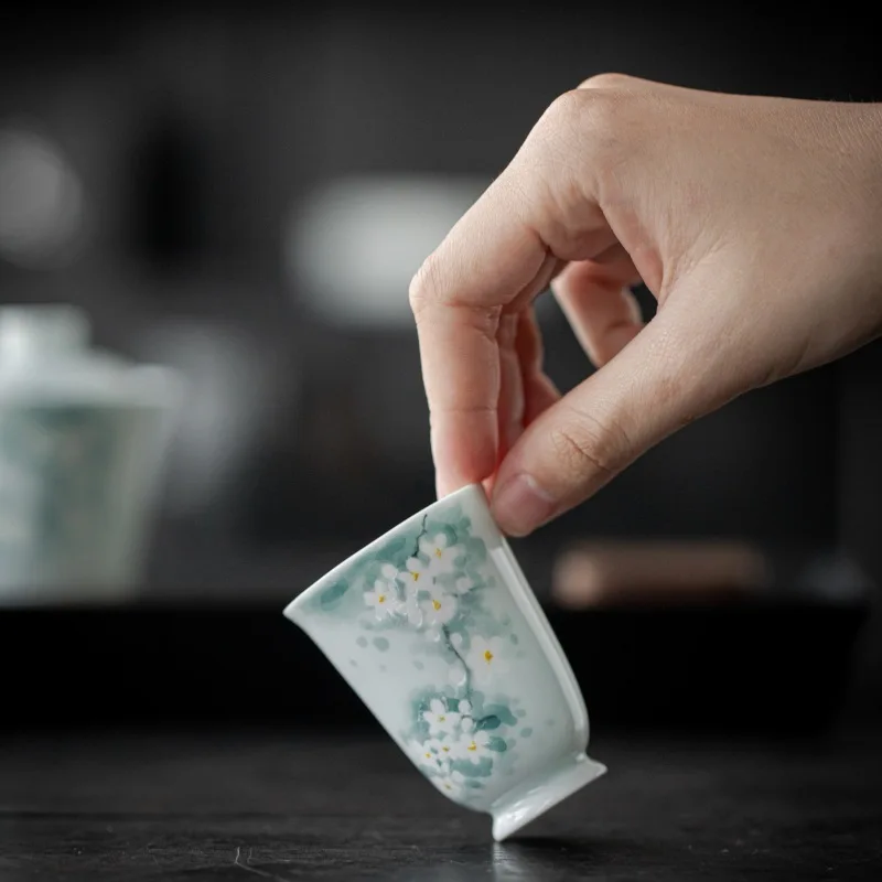 Left Blank Hand Drawn Plum Blossom Tall Foot Fragrance Cup  Gathering Fragrance Cup  Host Cup  Creative Drinking Tea Cup