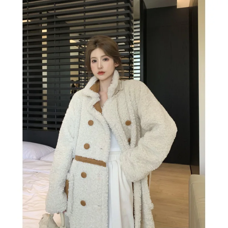 Winter Vintage Women Fur Coat Lapel Double-Breasted Contrast Stitching Fur One Long Lambswool Jacket Thick Warm Loose Outwear