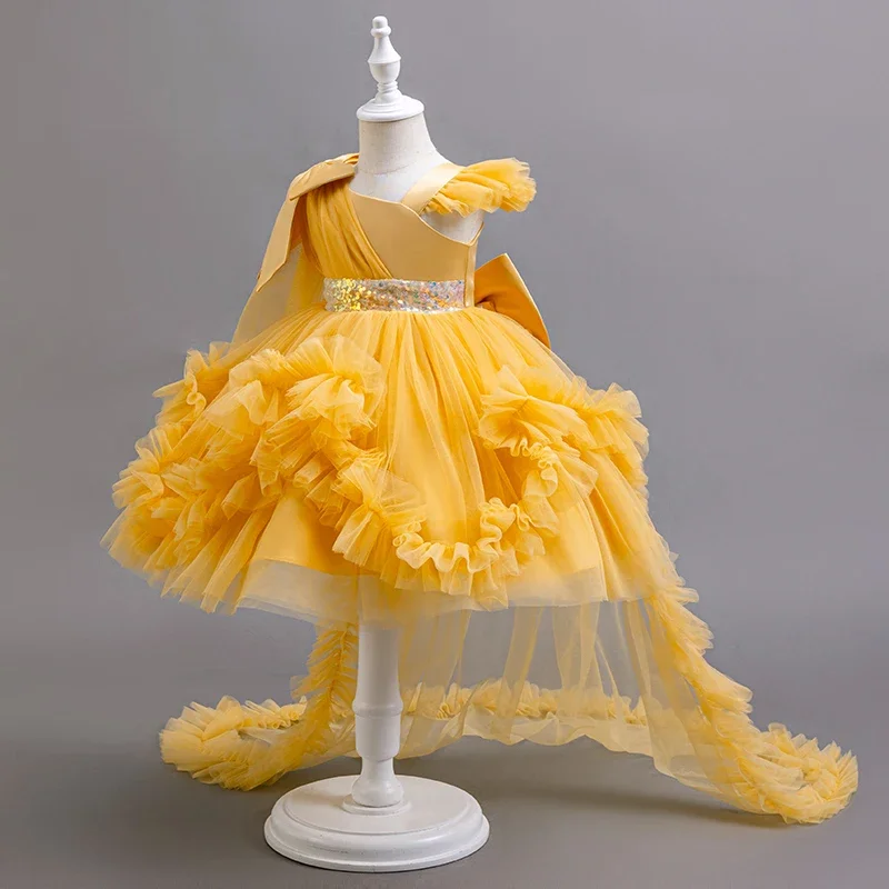 Girls Asymmetric Ruffled Tulle Gown With Bow And Sequin Belt Perfect For Flower Girl Train Dresses Birthday Celebrations Piano P