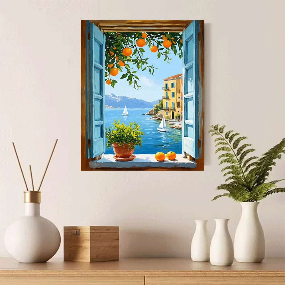 1PC-Canvas poster Unframed  Mediterranean Window View Orange Tree Coastal Landscape Sailboats Seafront Villa Art Print  summer