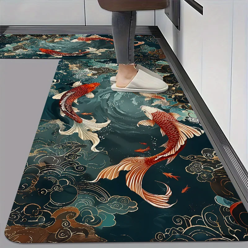 Luxury Koi Fish Wave Kitchen Mat, Non-Slip Soft Absorbent Long Floor Rug with Chinese Lucky Carp Print for Oriental Home Decor