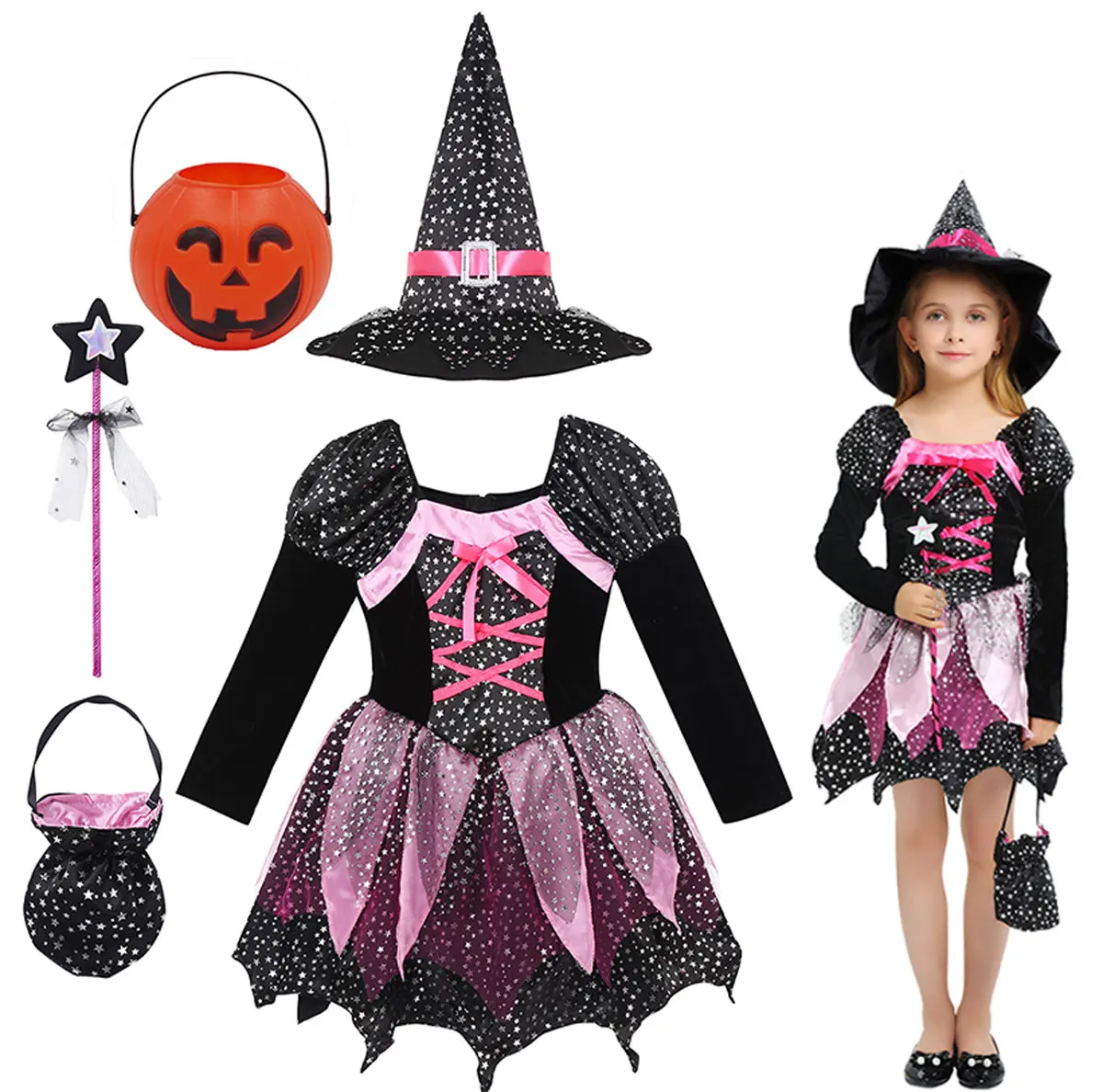 

2025 Halloween Festive Party Girl Cosplay Witch Pink Long Sleeve Classic Cute Clothing + Hat + Magic Stick + Pumpkin Bag Set