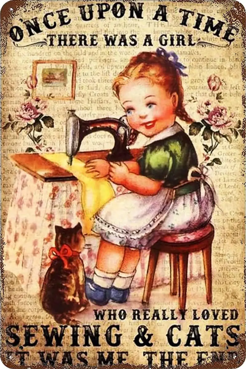 Girls Retro Art Metal Tin Sign Some Loved Sewing And Cats Poster Wall Decor -aluminum