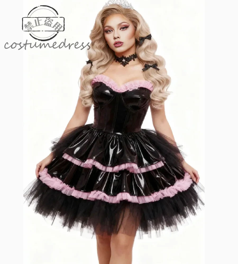 

Фэнтезийное черное готическое вечернее платье с розовым корейским платьем Лолиты для косплея из ПВХ, мини-костюм на Хэллоуин, платье для выпускного вечера, коктейльное платье ведьмы