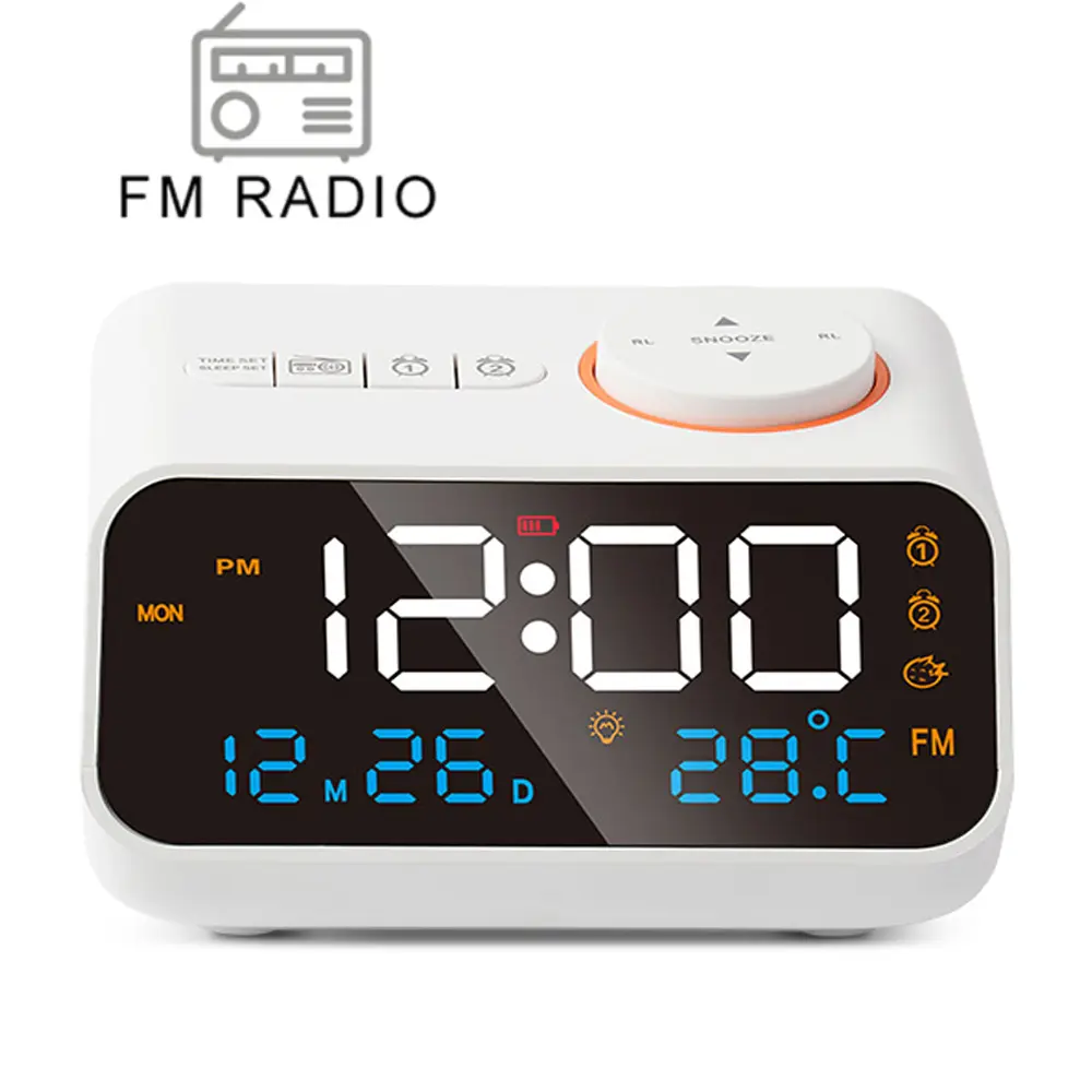 Belo despertador LED recarregável com função de rádio FM. Dois despertadores podem ser ajustados. Mostra o calendário, temperatura, umidade e dia da semana. O tamanho do som e o brilho podem ser ajustados
