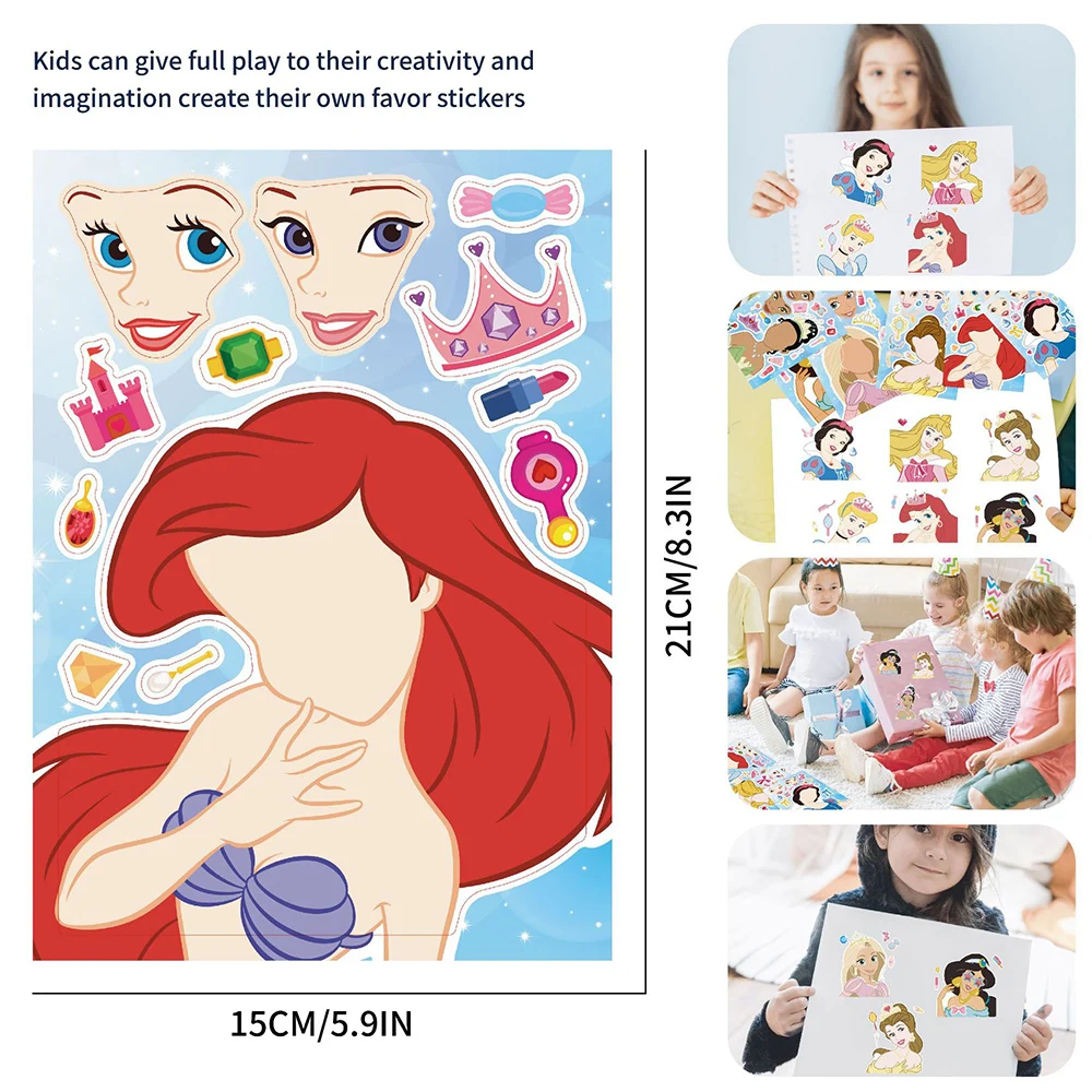 Disney-Make a Face Princess Puzzle Adesivos, Crie seu próprio jogo, Kids Assemble Jigsaw, Brinquedos Educativos para Crianças, Presente, 8 folhas, 16 folhas