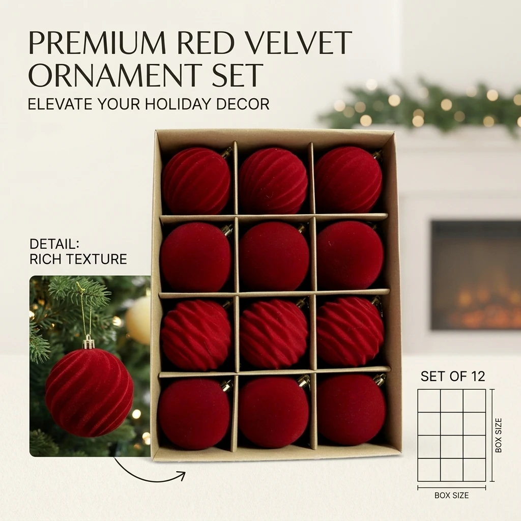 12pcs/set Flocked Velvet Christmas Balls For Tree Ornaments 6cm New Year 2026 Navidad Pendant Ball Home Decor Accessories