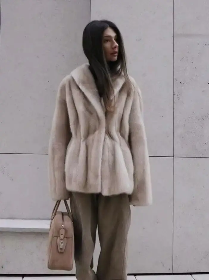 DFDG 2025 Autumn Winter Women’s Faux Mink Fur Coat Striped Thickened Plush Jacket Luxury Loose Fit Outerwear Best Seller Coat