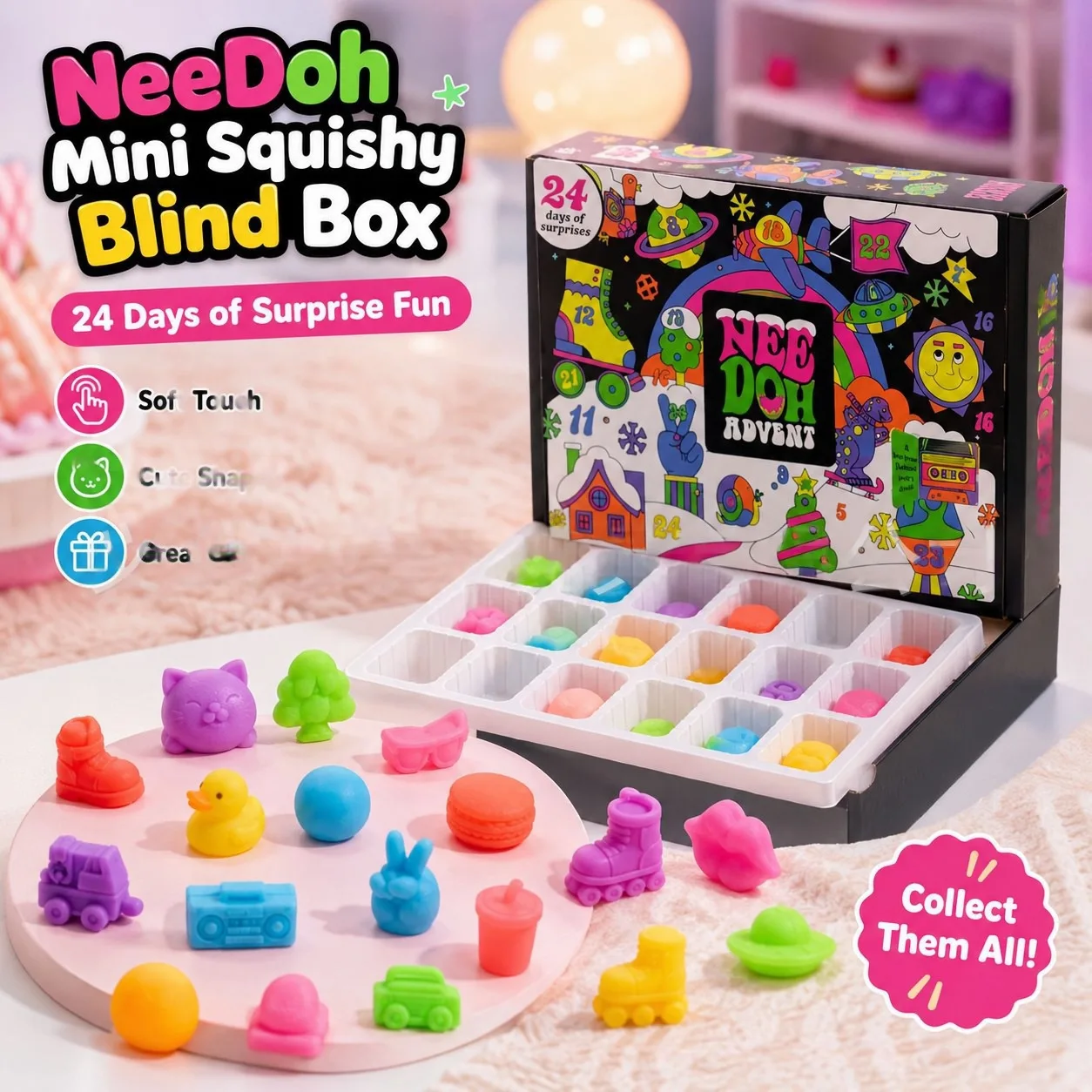 Christmas 24‑Day Advent Calendar, Colorful Cartoon Mini Squishy Fidget Toy Gift Box, Surprise Christmas Present