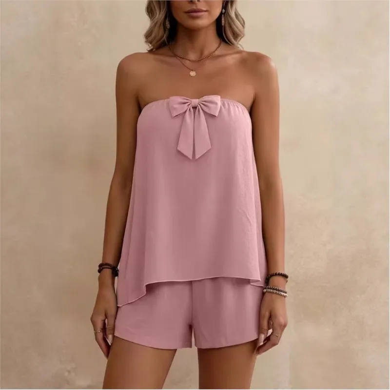 2026 Spring Summer New Casual Fashion Fungus-edged Temperament Shorts Tube Top Two-piece Set For Women Simple Commuting Clothing