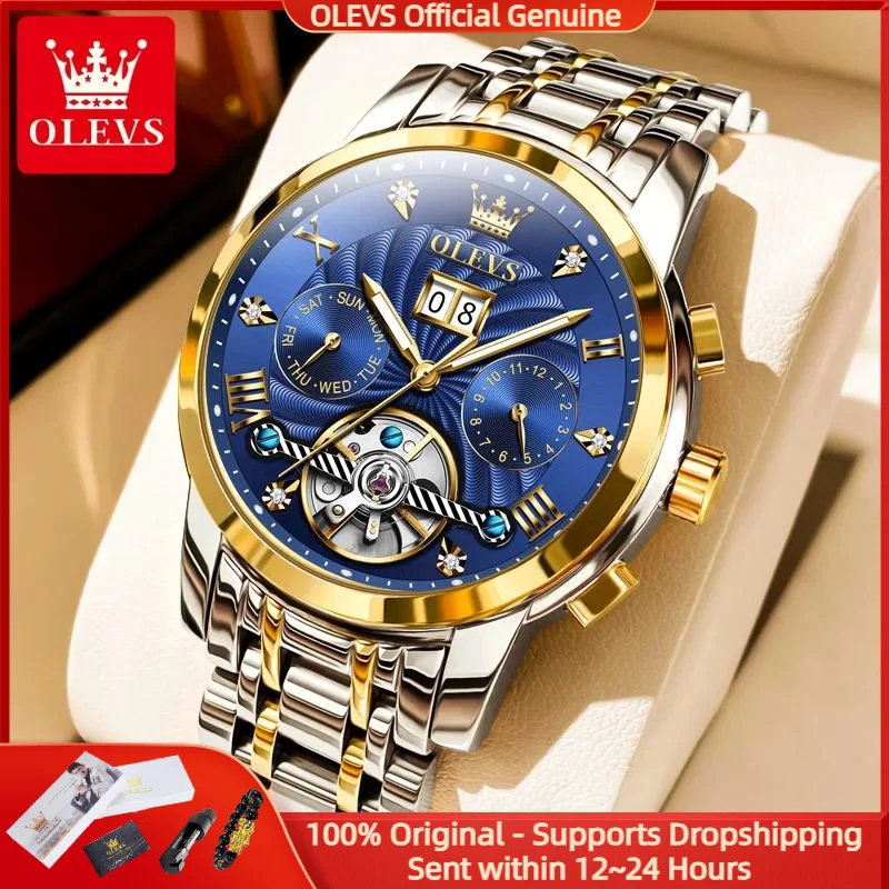 

OLEVS 9910 Top Luxury Fully Automatic Mechanical Men Watch Brand Tourbillon Skeleton Double Calendar Men Business Watch Reloj