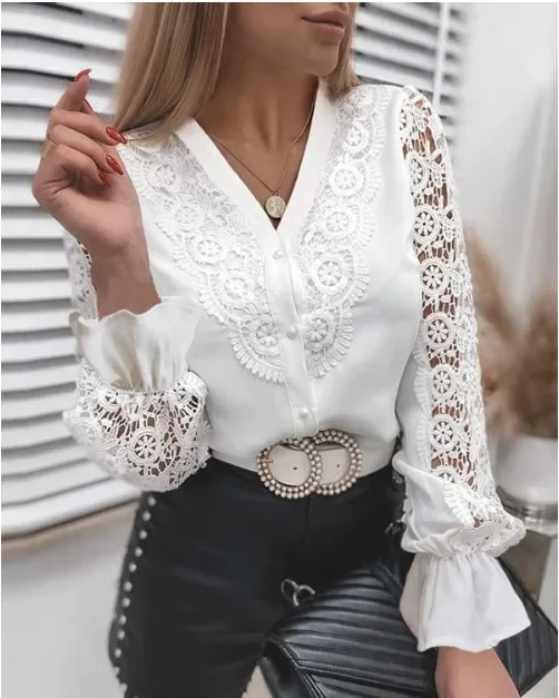 Women Autumn Sexy White Lace Patchwork Shirt Blouse Long Sleeve O-Neck Mesh Tops 2024 Spring Elegant Hollow Out Shirts Pink