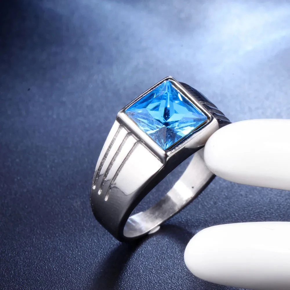 Fashion Men's Blue Crystal CZ Stone Ring Luxury Silver Color Engagement Ring Classic Wedding Party Jewelry Valentine's Day Gift view 3
